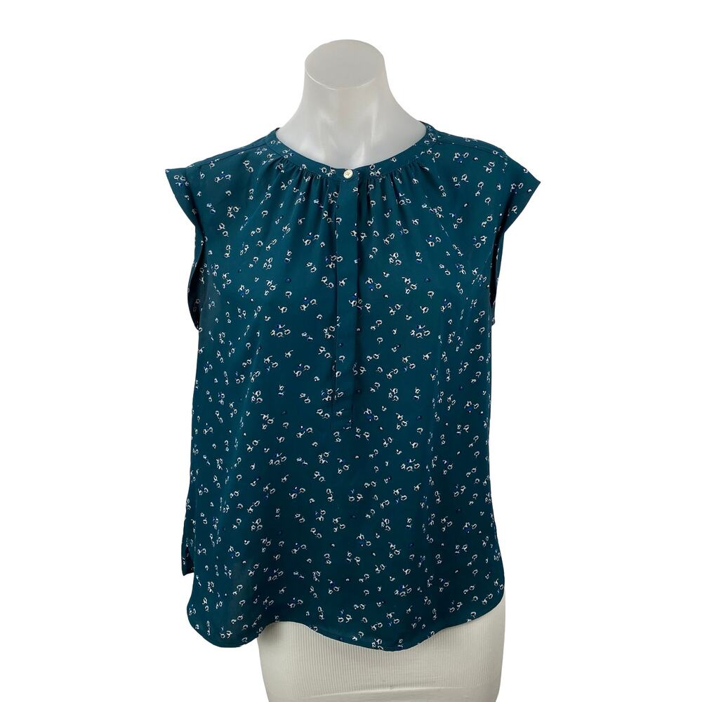 Ann Taylor LOFT Women's Teal Blue Floral Ruffle Sleeve Button Blouse Top Size LP